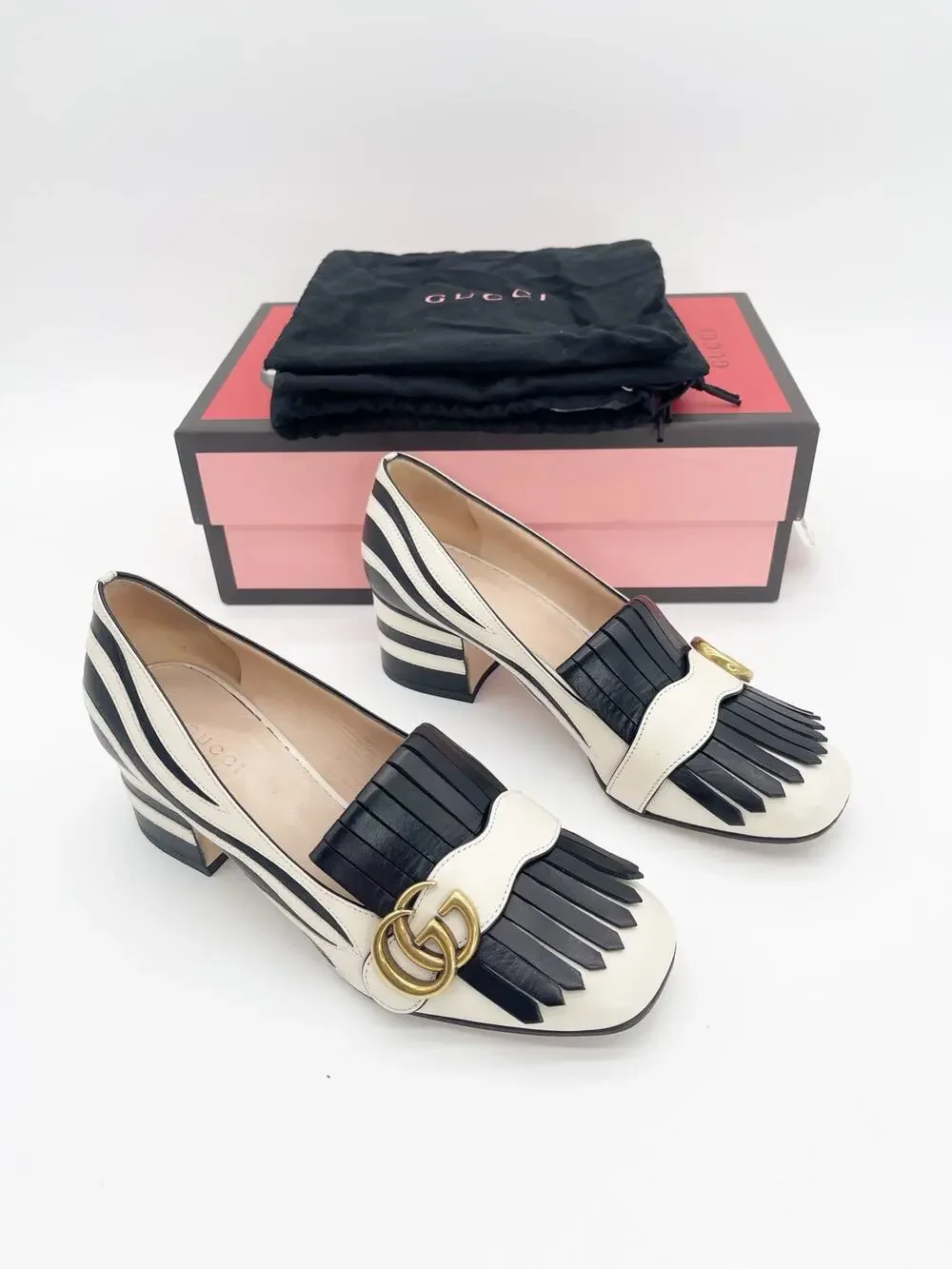 Gucci Marmont Kiltie Zebra Stripe Black White Leather Block Heel Pumps IT 37.5